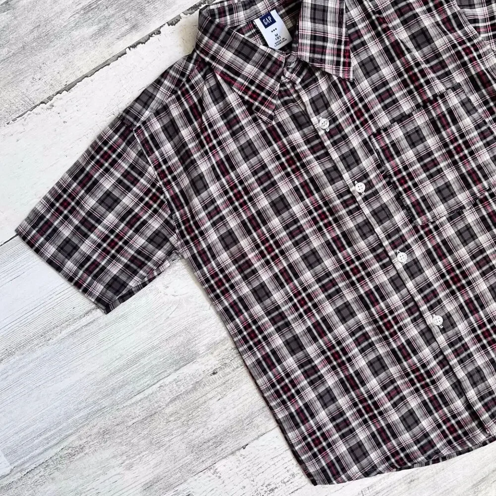 🌵3/$20 GAP Boys Plaid Button Down Shirt Size 8 Brown Red Short Sleeve Cotton